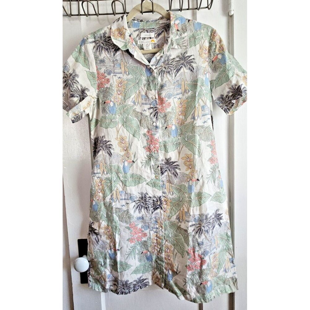 C&C California 100% Linen button down shirt dress palm trees sz Small w/pockets